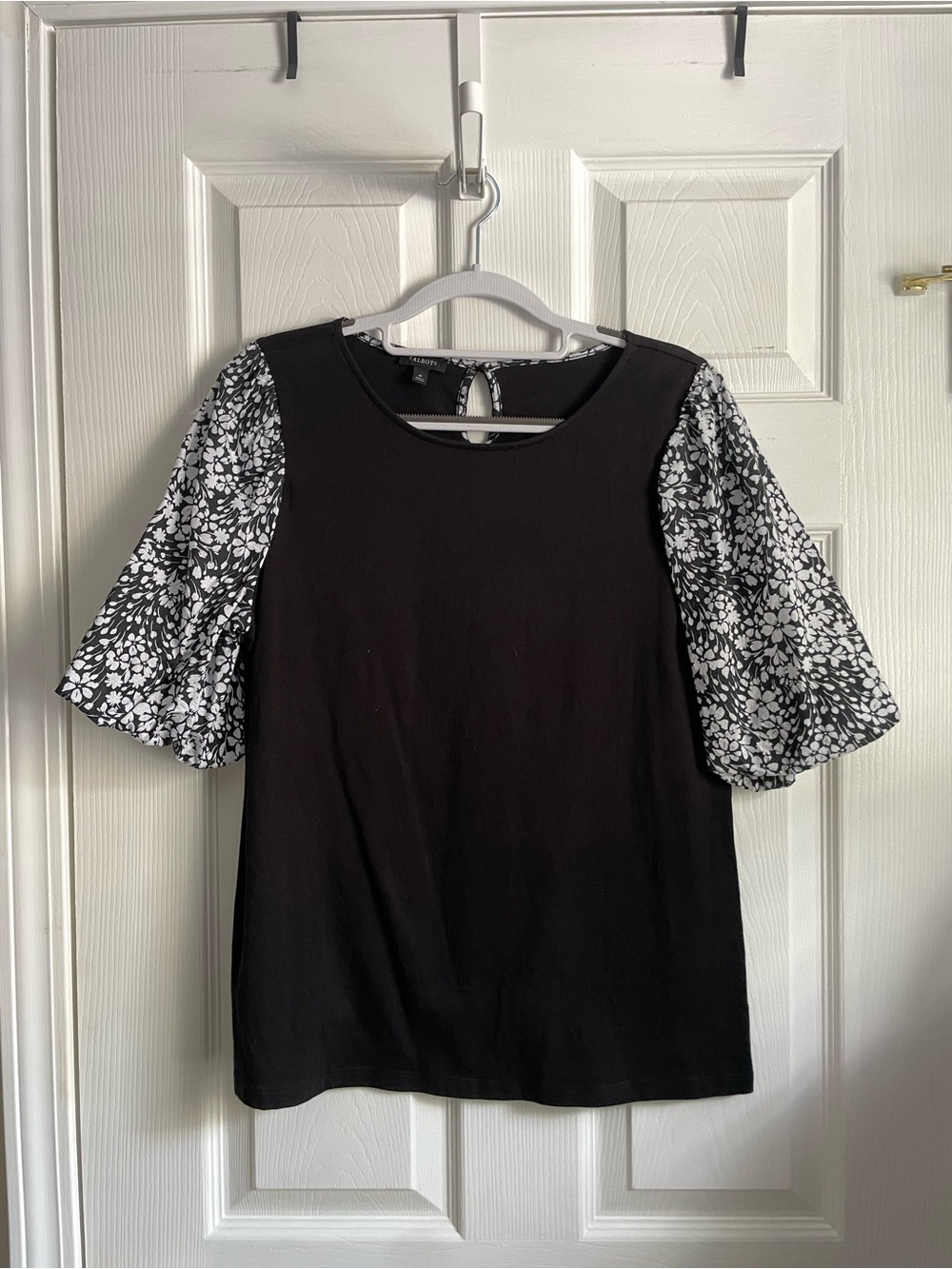 Talbots Black Top with Black-and-White Floral Puff Sleeves